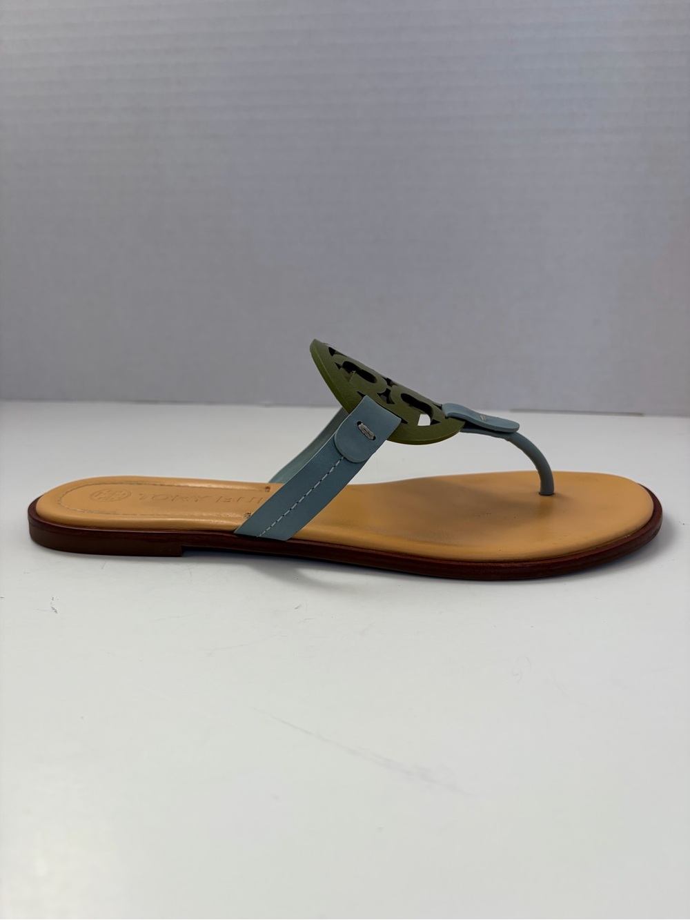 Tory Burch Miller Sandals Double T Logo Leather Green Tan Northern Blue Size 9M - Picture 12 of 16